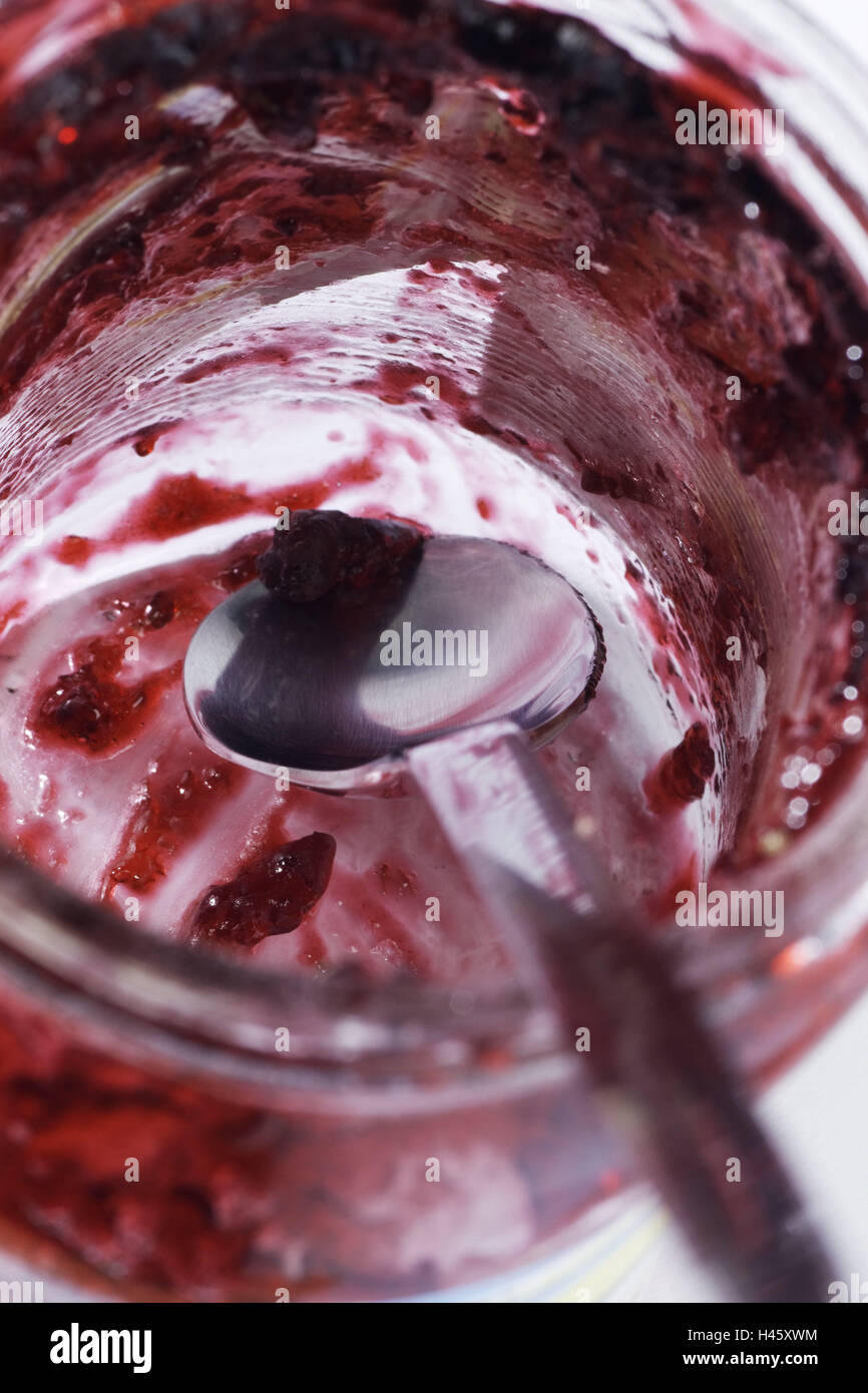 Pot de confiture, vide, cuillère, verre, confiture, rouge, Banque D'Images