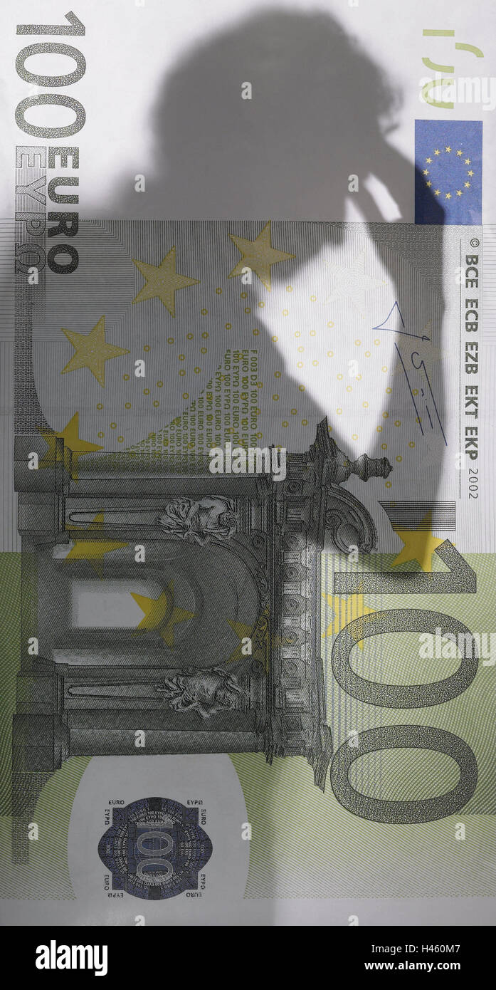 Billet de banque, 100 euros, silhouette, l'homme, réfléchie, icône, crise financière, studio, l'ombre, de l'ennui, l'échec, la responsabilité, la faillite, l'angoisse de l'avenir, du krach boursier, la faillite de la banque, de panique, profit, perte, Verzweifelung, billet de banque, faillite, peur, crise, finances publiques, valeur de rachat, l'amortissement, Banque D'Images