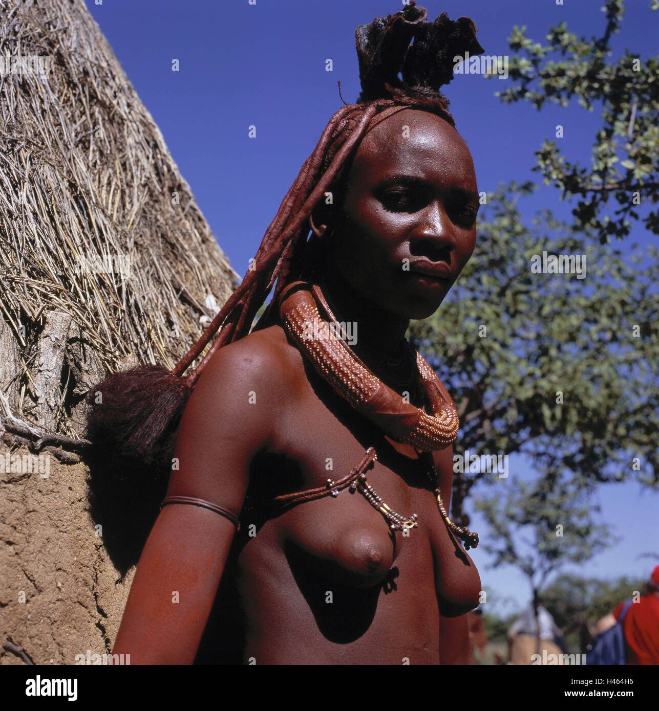 La Namibie, Himba Kamanjab, femme, portrait, sud-ouest, d'Afrique, d'Afrique, d'une tribu Himba, souche, Himba, personne, gens, tribu, cheveux, coiffure, tradition, sol sablonneux, chiffon, s'asseoir, Banque D'Images