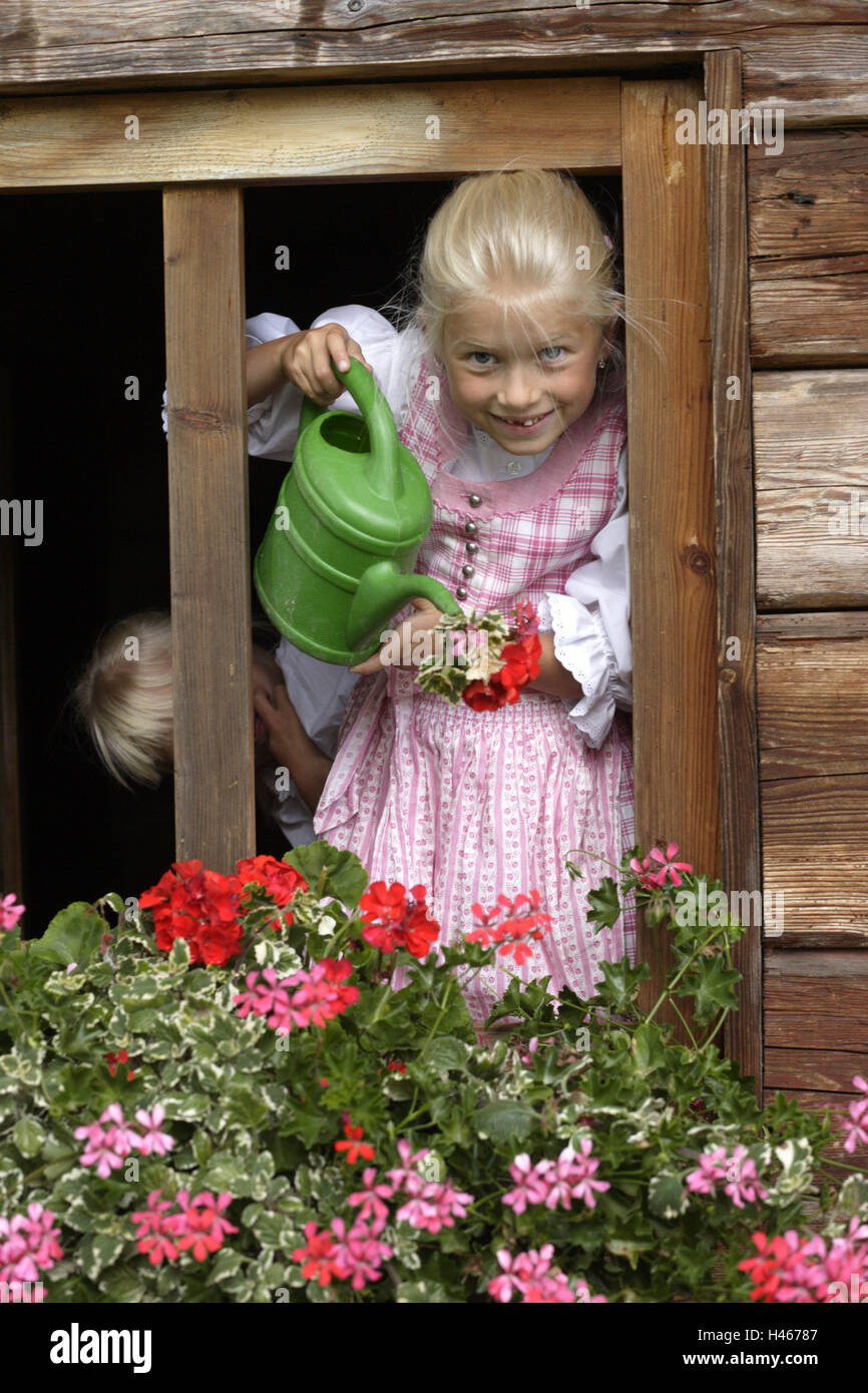 Maison en bois, fenêtre, ouvertement, filles, géraniums, cast, sourire, cabane en bois, cabane, chalet de montagne, ALP, fleurs, fleurs de fenêtre, arrosoir, eau, fleurs, rouge, rose, les gens, l'enfant, l'écart des dents, stand, blonde, tresses, costume national, dirndl, vérifié, heureux, de naturel, de l'enfance, été, vacances, Banque D'Images