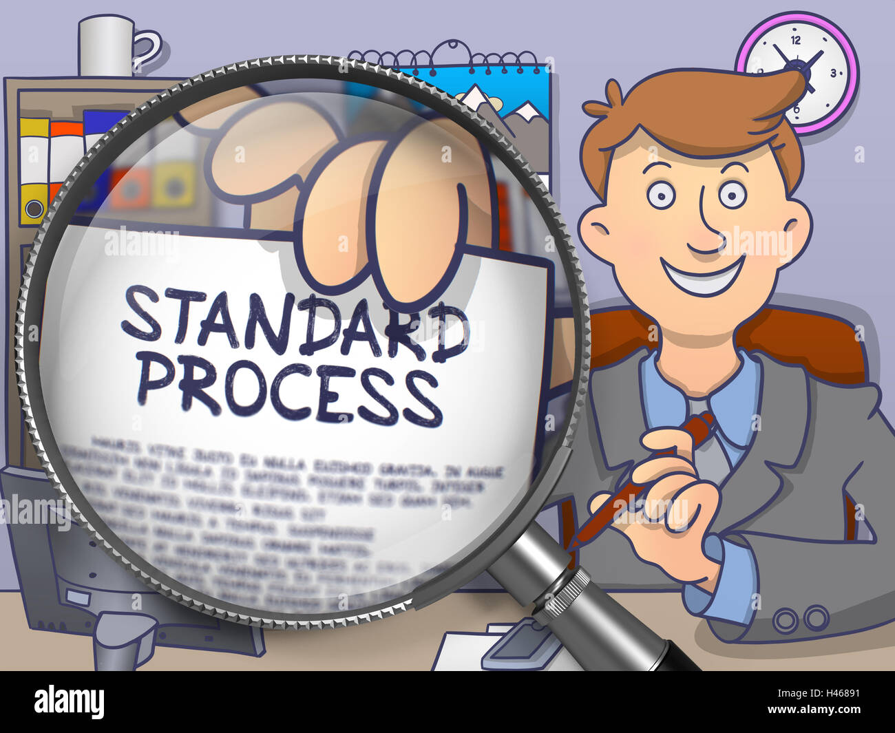 Processus standard à travers la loupe. Doodle Concept. Banque D'Images