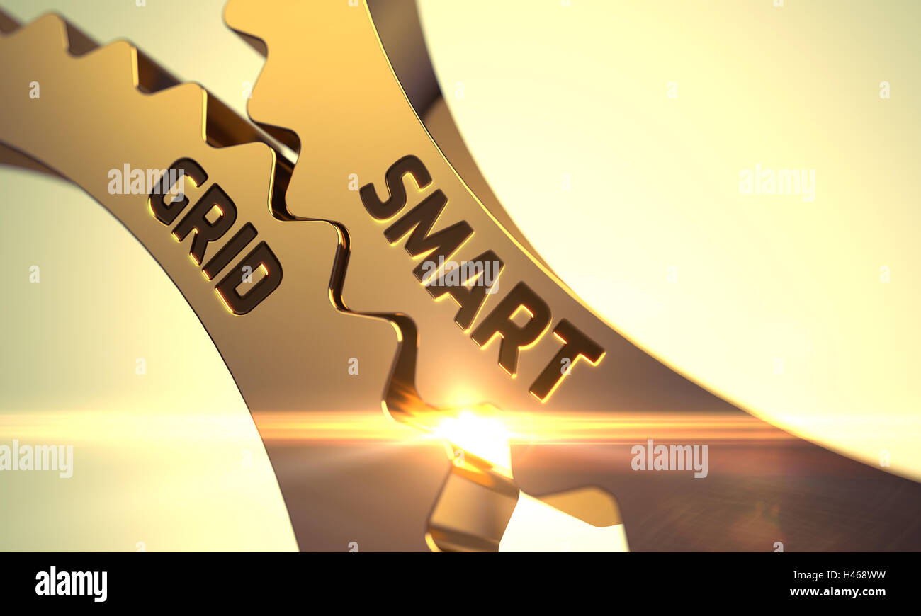 Métallique doré avec des engrenages à crémaillère Concept Smart Grid. 3D. Banque D'Images