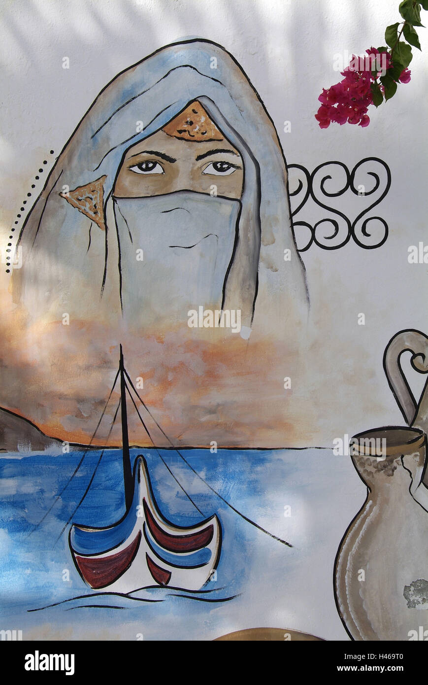 La Tunisie, Djerba, muraille, détail, peinture murale, Banque D'Images