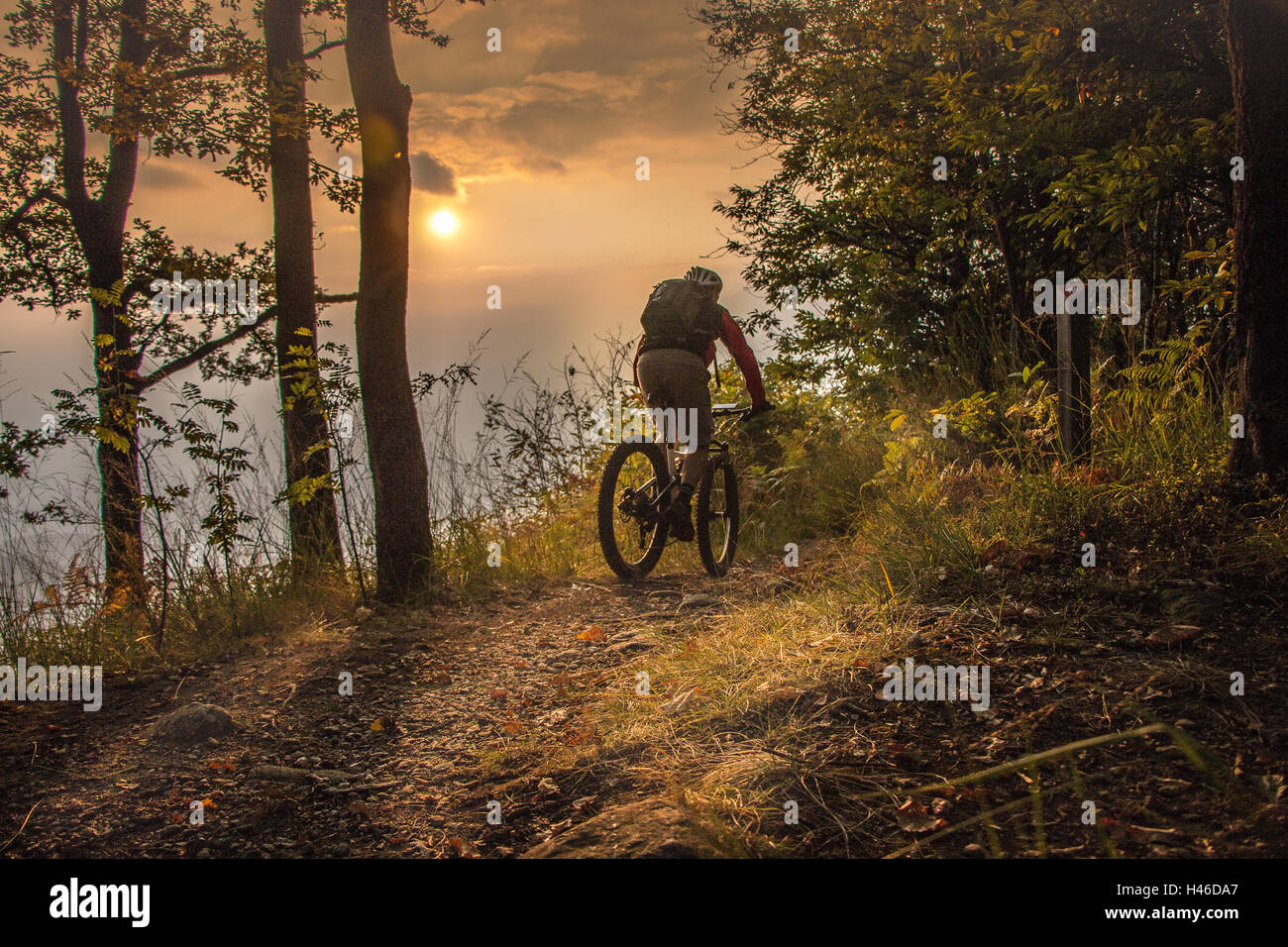 Vélo de montagne jusqu'au coucher du soleil Banque D'Images