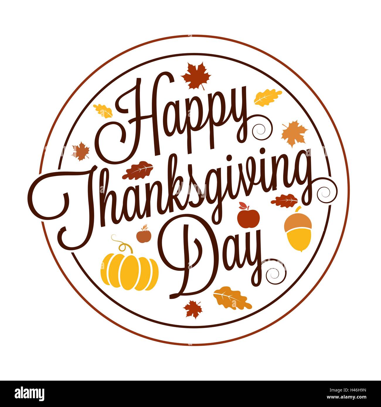 Joyeux Thanksgiving Day lettrage en érable, feuilles de chêne, potiron, acorn et icônes apple pour votre conception Illustration de Vecteur