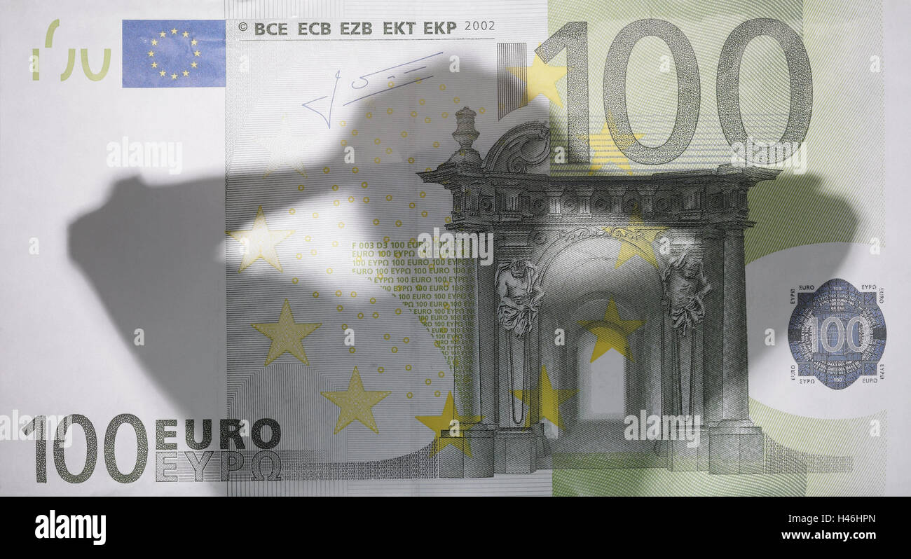 Billet de banque, 100 euros, silhouette, l'homme, le geste, la panique, l'icône, crise financière, studio, l'ombre, de l'ennui, l'échec, la responsabilité, la faillite, l'angoisse de l'avenir, du krach boursier, la faillite de la banque, profit, perte, Verzweifelung, billet de banque, faillite, Banque D'Images