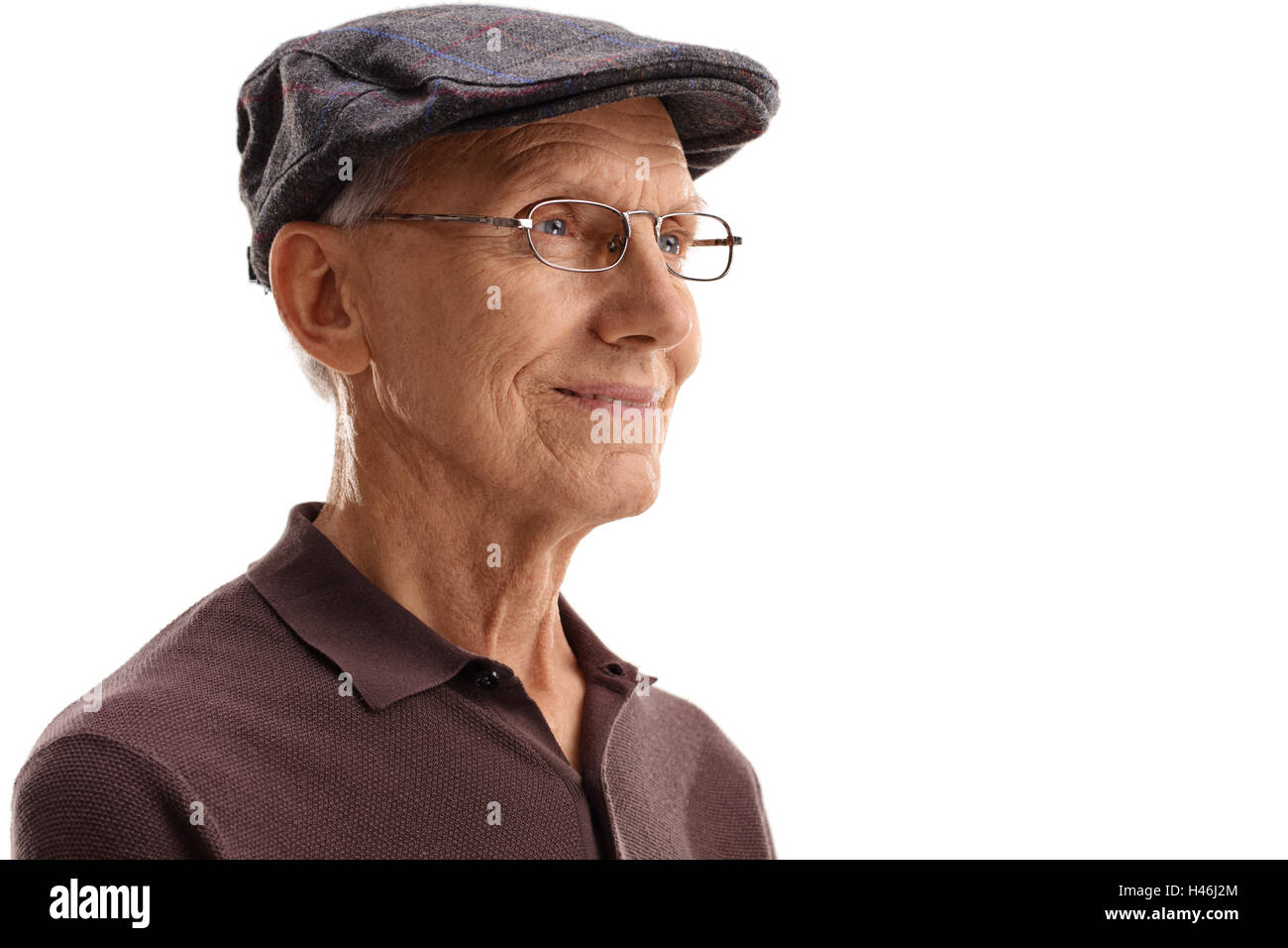 Homme mûr regardant au loin isolé sur fond blanc Banque D'Images