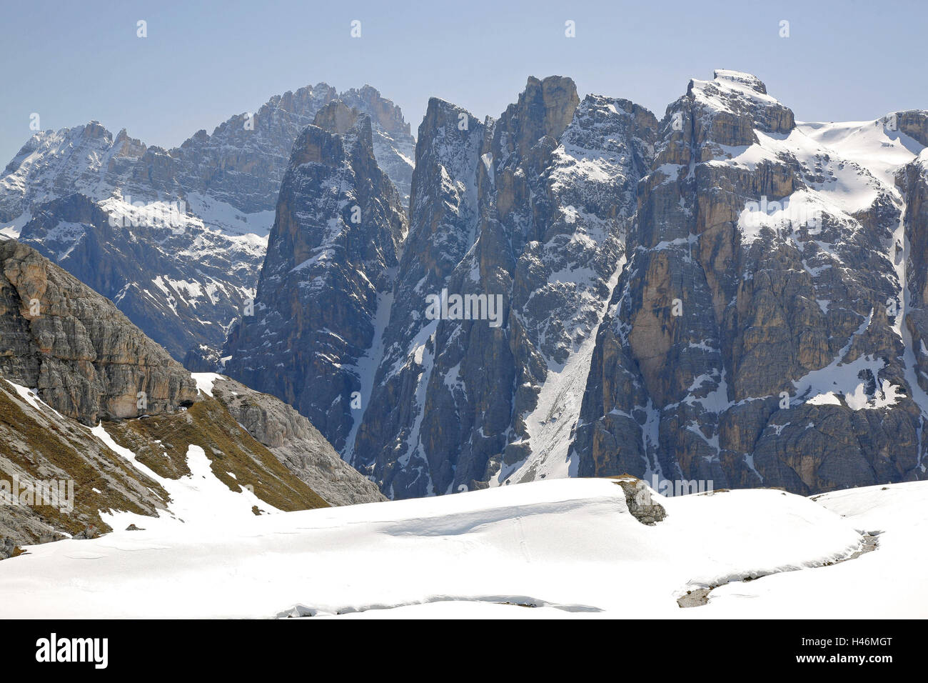 L'Italie, le Tyrol du Sud, les Dolomites, Fischleintal, sixièmes, 3 Einserkofel, pinacle, montagnes, montagnes, sommets, Alpes, randonnées de montagne, paysage, nature, neige, Banque D'Images