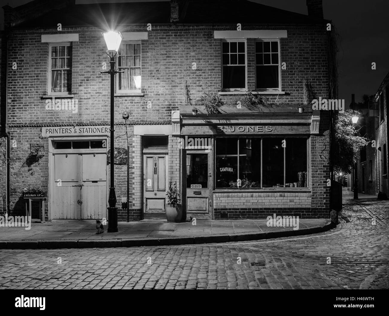 Boutique victorienne et de locaux commerciaux dans la région de Old London avec l'éclairage des rues de style victorien et une nuit cat. Banque D'Images