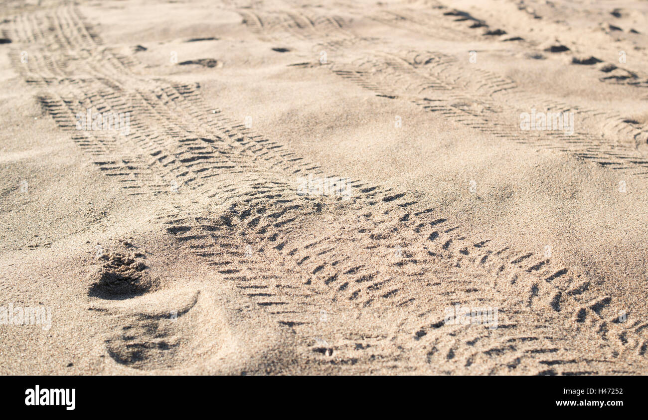 Quad les traces de pneus sur le sable. Banque D'Images