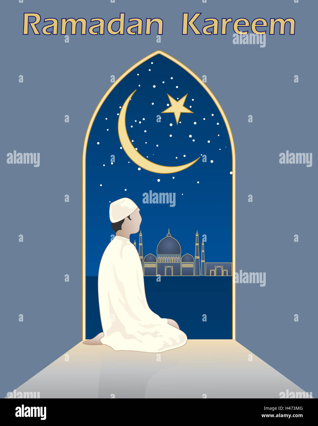 Une illustration d'un musulman dévot dans la prière à la recherche d'une arche d'une mosquée avec un croissant de lune en forme de carte de vœux Banque D'Images