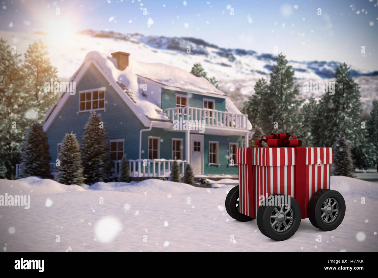 Image composite du bar rayé rouge et blanc boîte-cadeau avec roues Banque D'Images