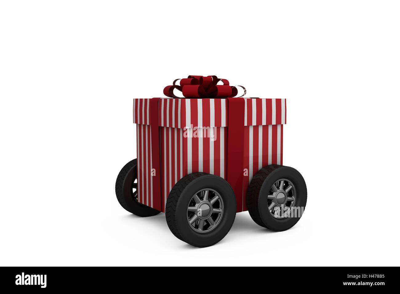 Blanc et rouge à rayures boîte-cadeau avec roues Banque D'Images