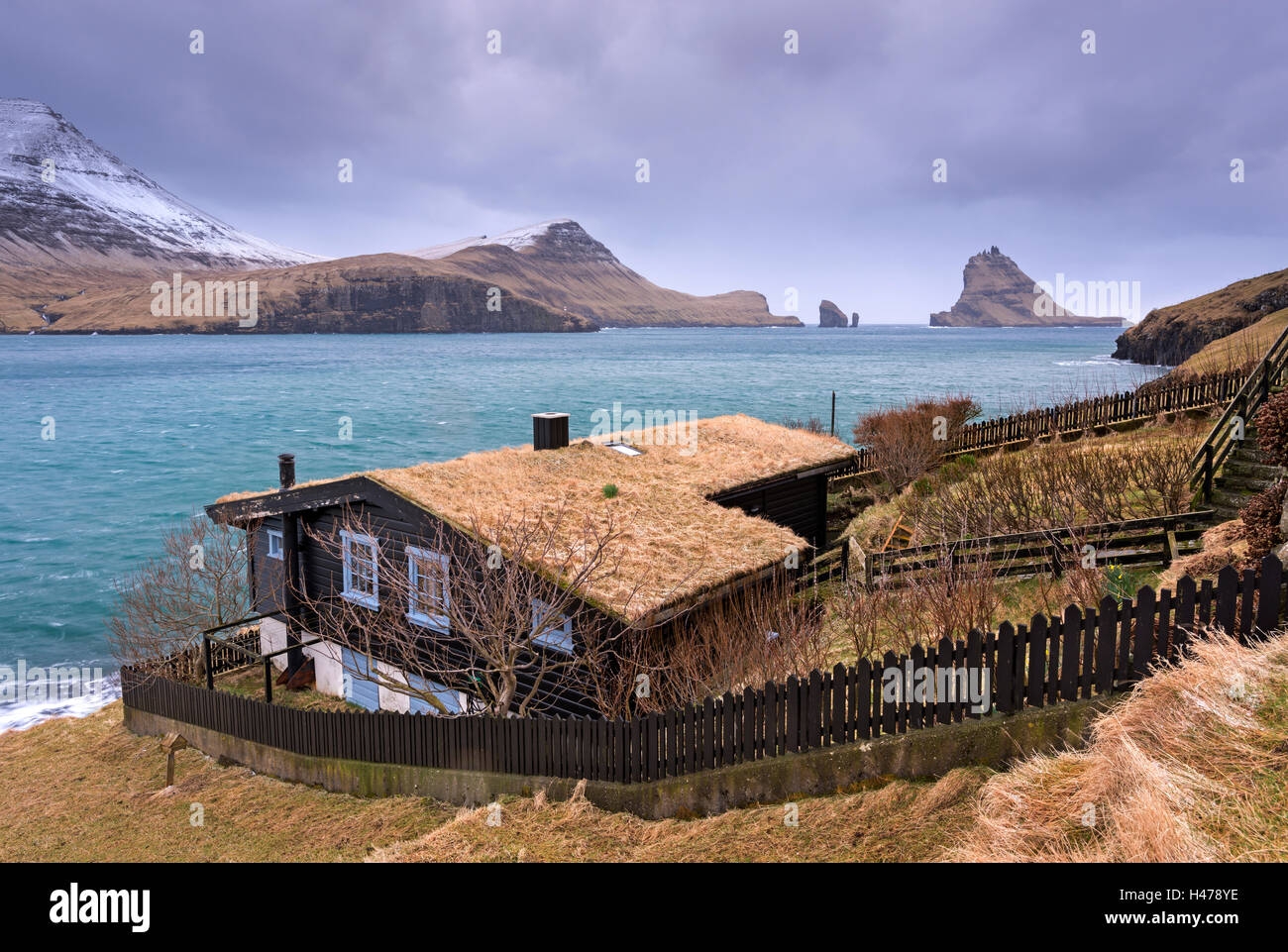 Maison au toit d'herbe dans le village de Bøur sur l'île de Vágar, des îles Féroé, du Danemark, de l'Europe. Printemps (avril) 2015. Banque D'Images