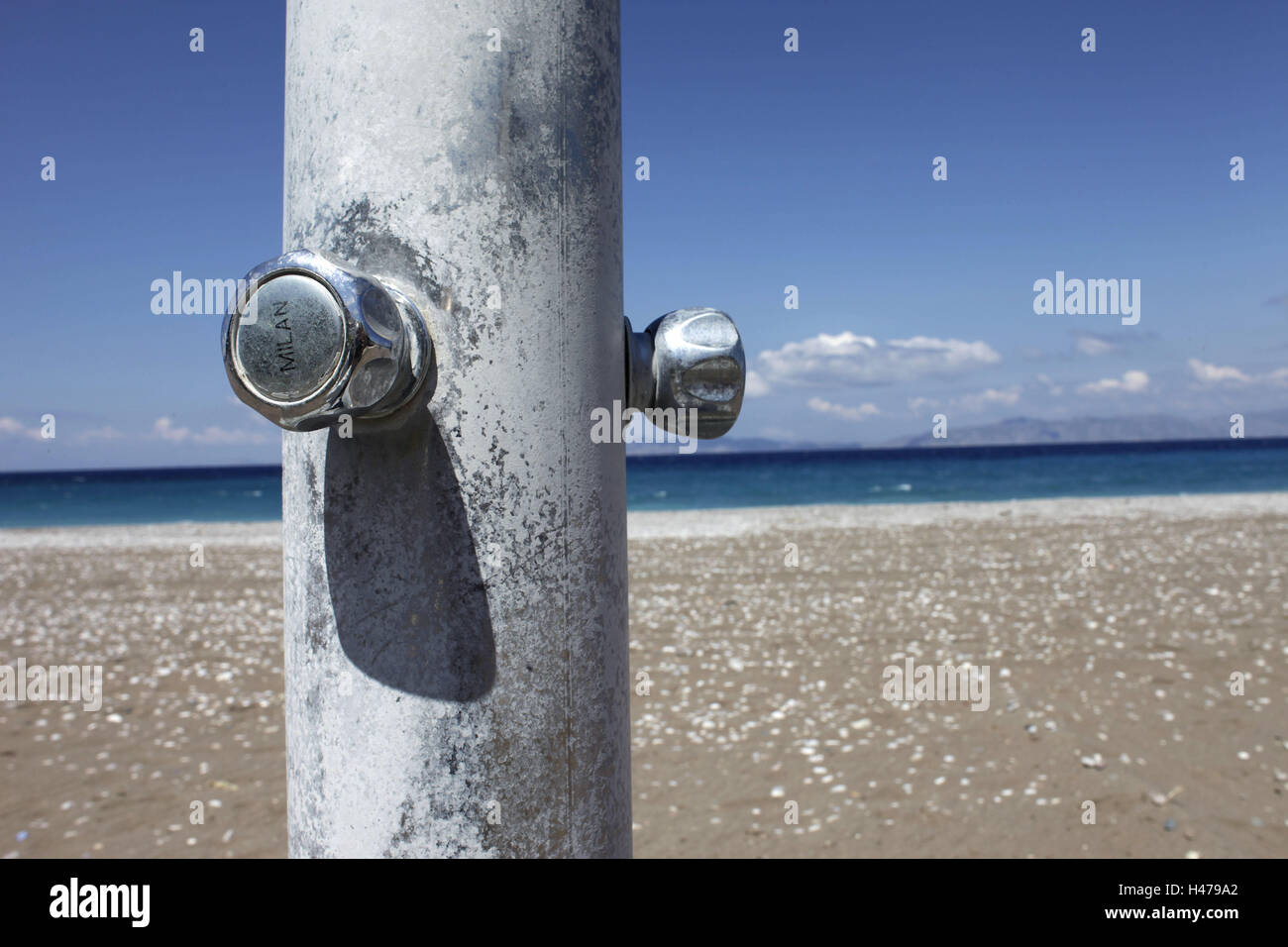 Grèce, Rhodes, la plage, la douche, boutons, rotation, ouvrir, fermer, aucun peuple, pilier, Banque D'Images
