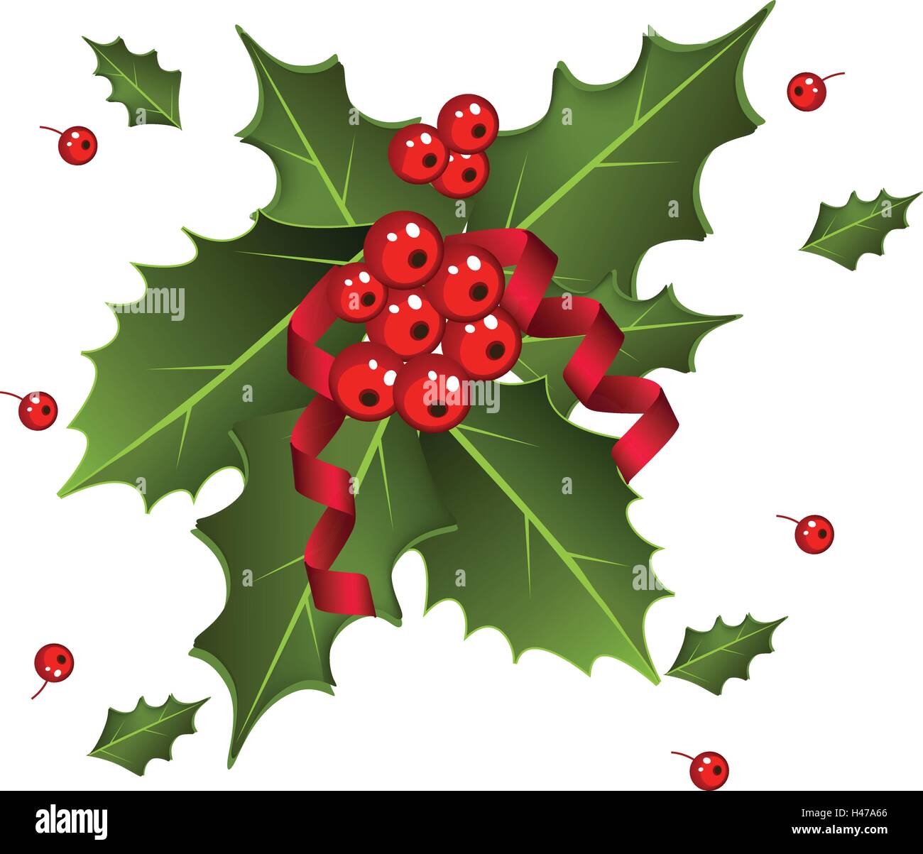 Baies de Noël avec ruban rouge et vert feuilles sur fond blanc.houx de Noël set Holly décoration de Noël. Element Illustration de Vecteur