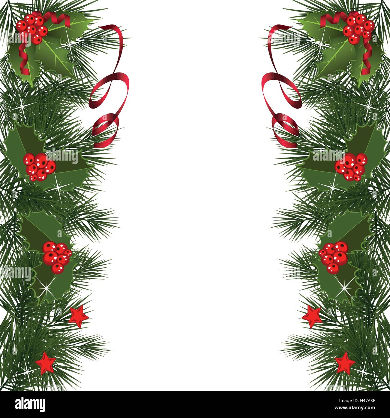 Baies de Noël avec ruban rouge et vert feuilles sur fond blanc.houx de Noël set Holly décoration de Noël. Element Illustration de Vecteur