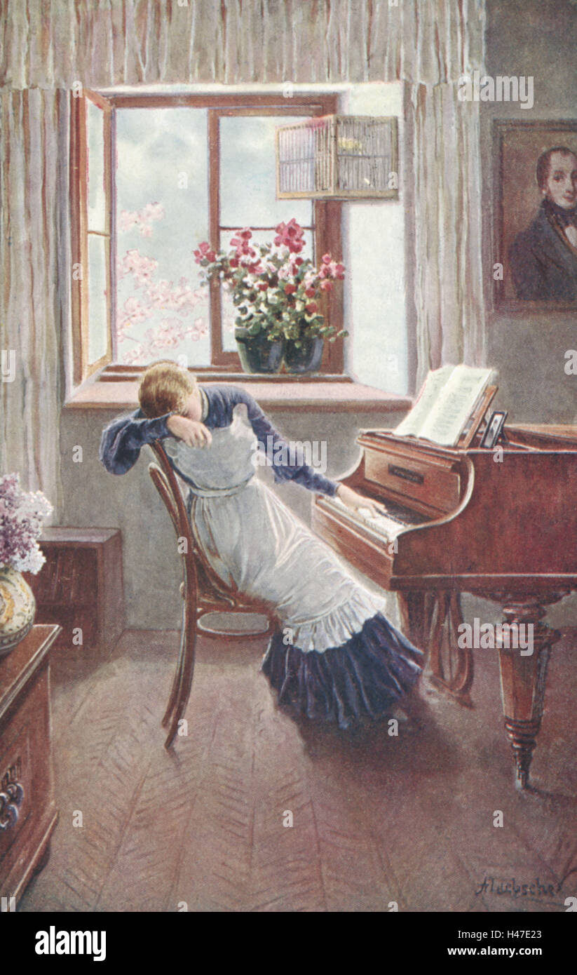 Nostalgie, peinture, femme, piano, assis, triste, malheureux, carte  postale, nostalgique Photo Stock - Alamy