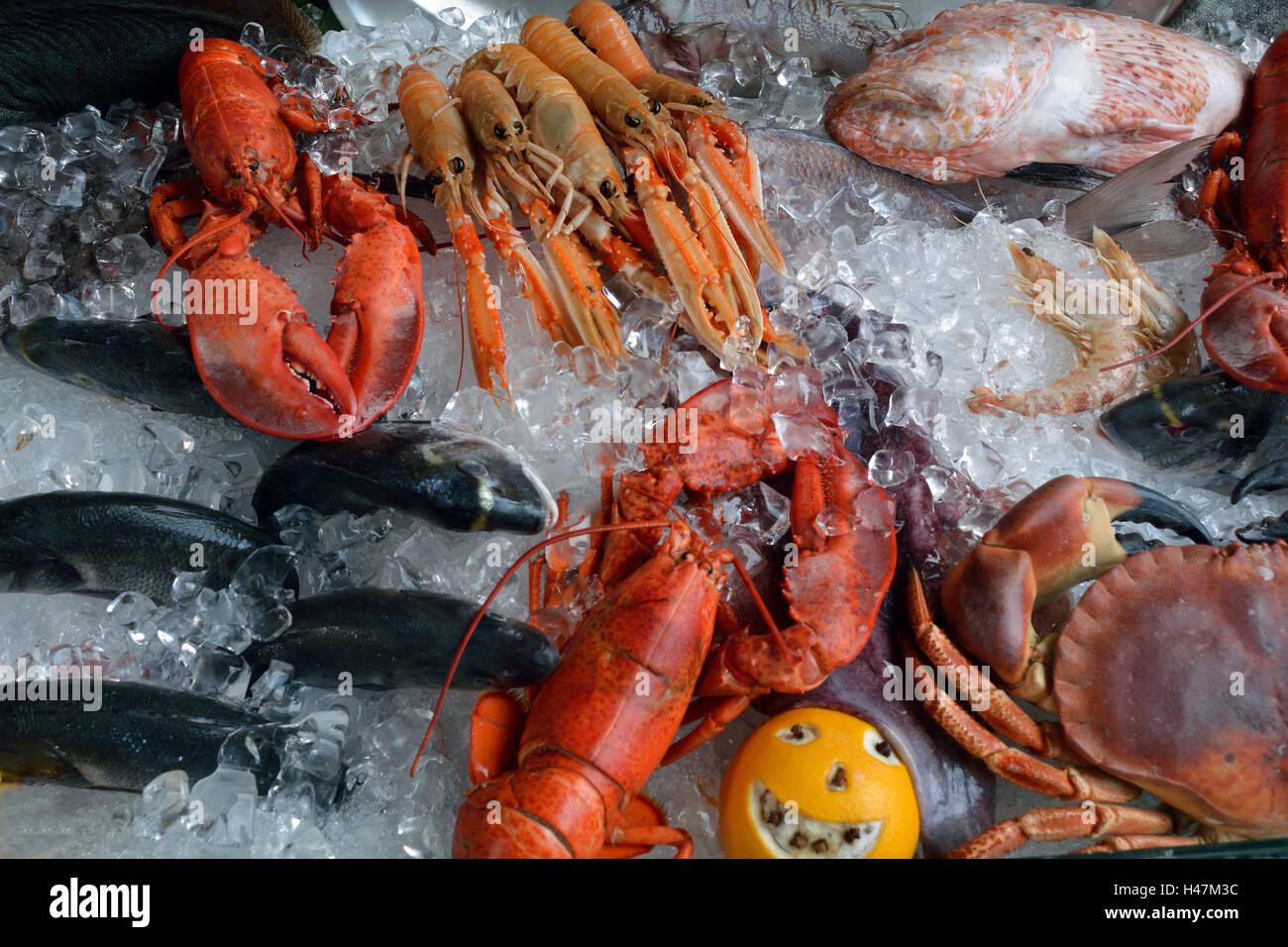 Les fruits de mer de la mer Adriatique sur un marché aux poissons sur le pont du Rialto de Venise en Italie. Banque D'Images