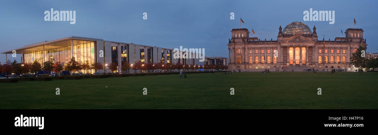 Allemagne, Berlin, le Reichstag, Paul Löbe House, à l'extérieur, le soir, l'éclairage, le soir, dans la soirée, des capacités, du quartier du gouvernement, le parlement, Banque D'Images