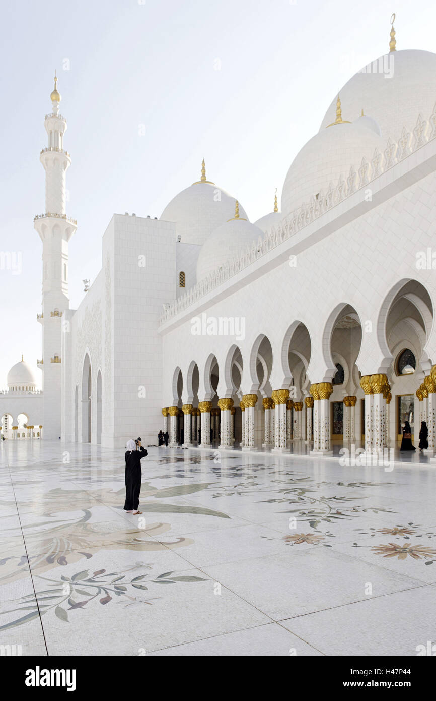 Colonnade, cour intérieure, Cheikh Zayed Bin Sultan Al Nahyan Mosquée, troisième plus grande mosquée du monde, Al Maqtaa Émirat, Abu Dhabi, Émirats arabes unis, Banque D'Images