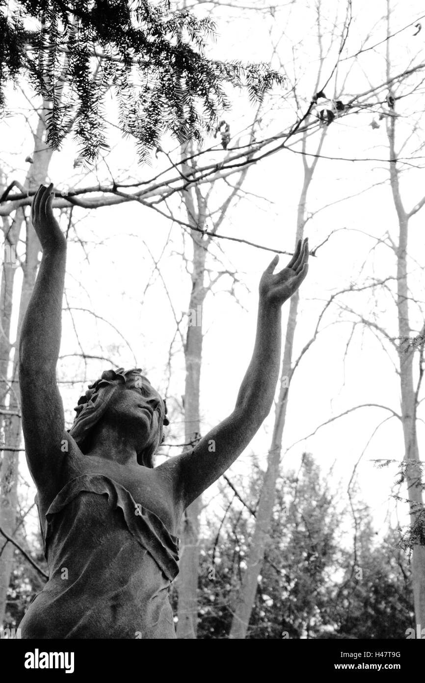 Cimetière, tombe, statue, femme, geste, b/w, Banque D'Images