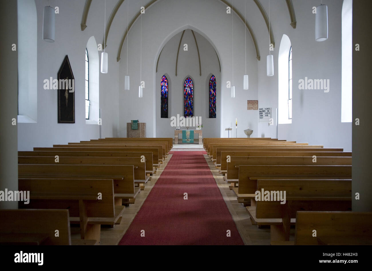 Germany, Bavaria, Munich, église St Paulus, à l'intérieur, de l'architecture, Altperlach, Saint Paul church, la construction de l'église, de la construction, de l'église, tiré de l'intérieur, protestante, l'église, choeur, bancs, bancs, vierge, personne, simplement, Banque D'Images