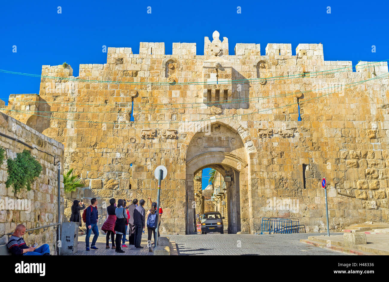 Les Lions' Gate est le point de départ de la Via Dolorosa, la dernière marche de Jésus de la prison à la crucifixion Banque D'Images