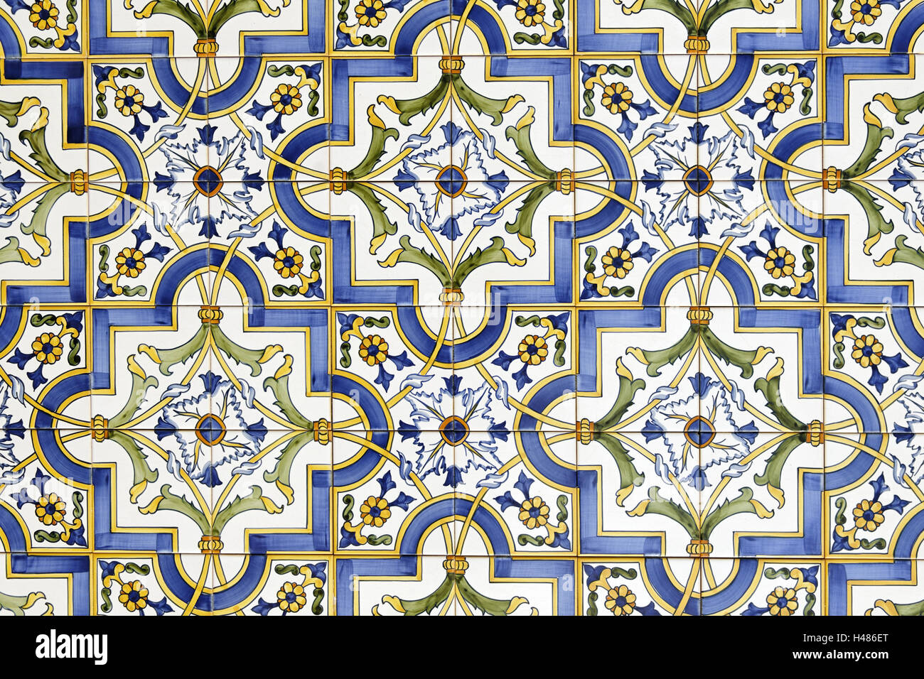 Modèle de tuile Floral au mur de la maison, province d'Obidos, Portugal, Banque D'Images