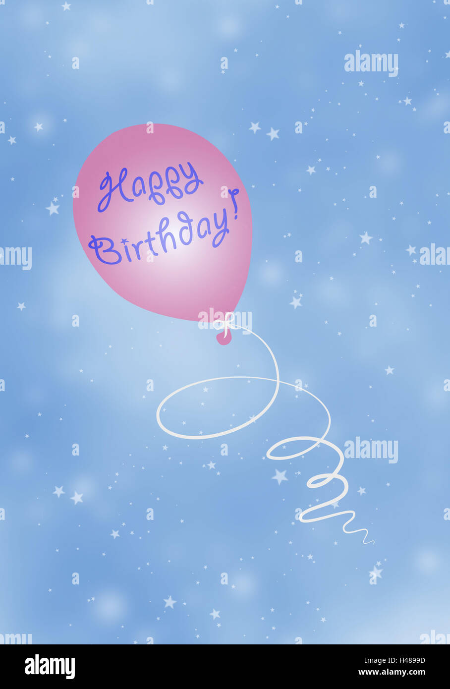 Illustration, ciel, ballon, fly, float joyeux anniversaire, graphiques, ballon, icône, félicitations, félicitations, anniversaire, anniversaire, couleurs, bleu clair, étoiles, rose, souhaits d'anniversaire, lettres, texte, police, Banque D'Images