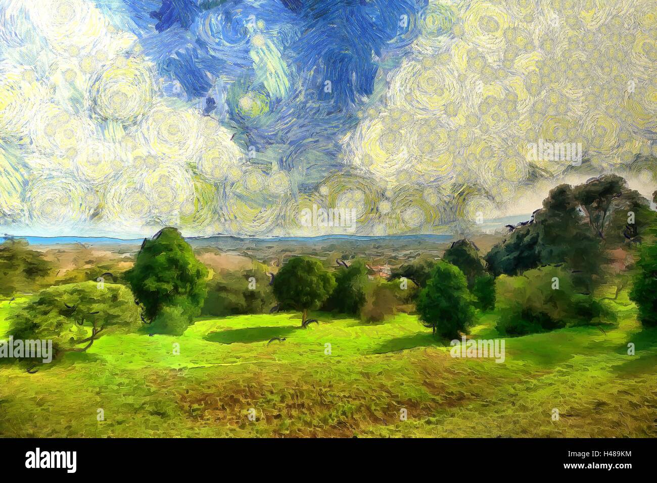Voir des banlieues à partir de la colline a peint dans le style de van Gogh Banque D'Images