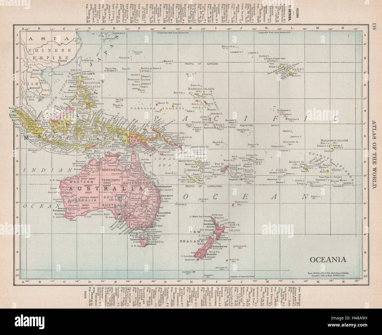 L'Océanie. L'Australasie Mélanésie Micronésie Polynésie Française. RAND MCNALLY 1912 Ancien site Banque D'Images
