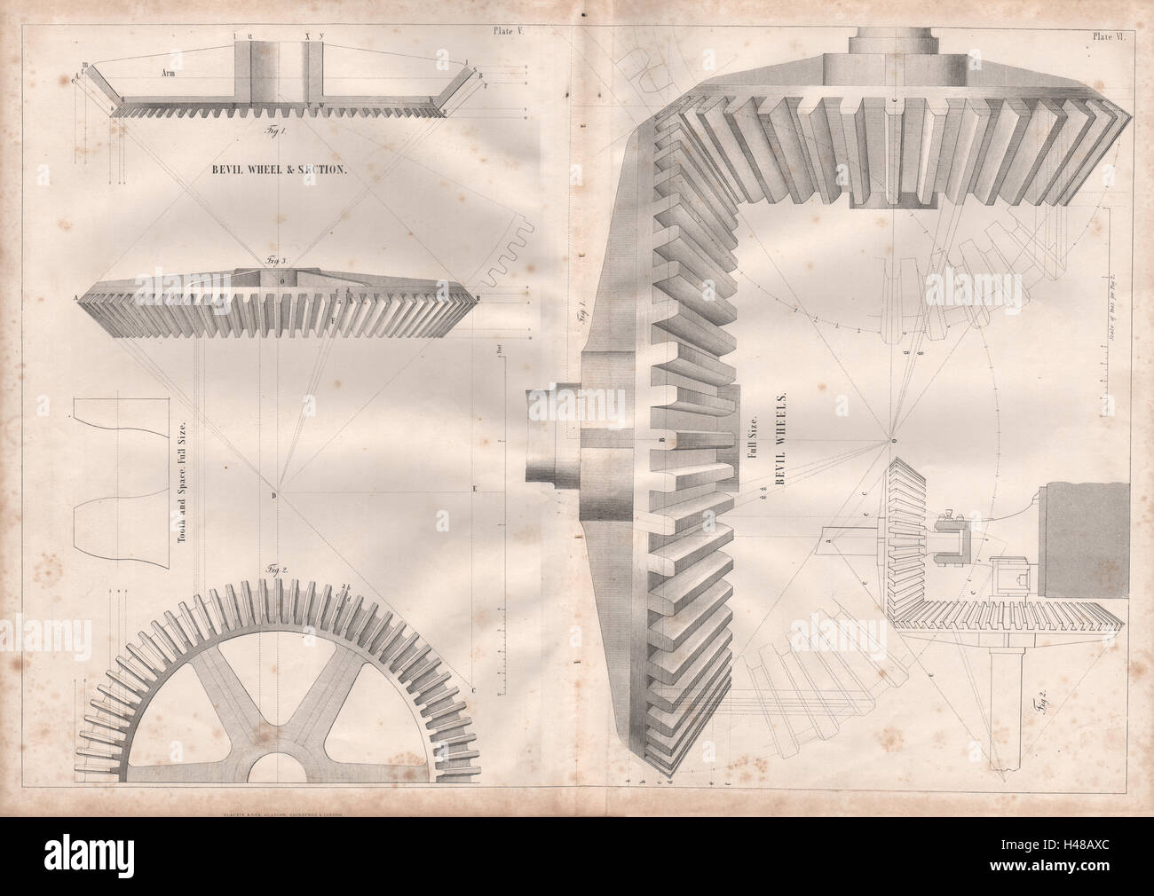 19C DESSIN TECHNIQUE. Roue Bevil & section. dent et de l'espace 1847 old print Banque D'Images