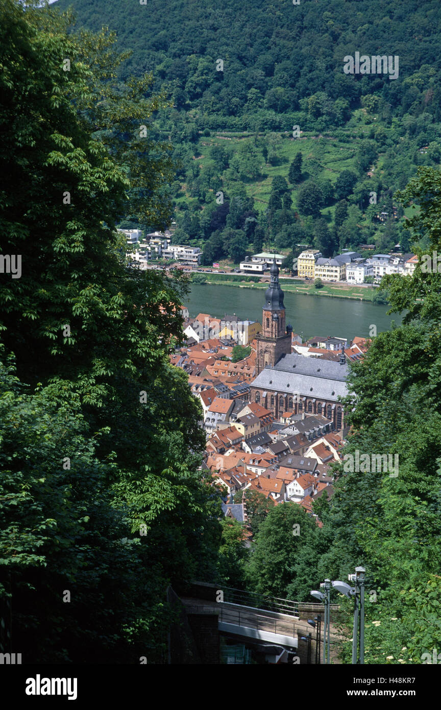 Allemagne, Heidelberg, Bade-Wurtemberg, président du roi, vieille ville, vue ville, vue sur la vallée, l'église, la rivière, le Neckar, vue sur la vieille ville, église, Clocher, l'Esprit Saint, l'église de style architectural, Late-Gothic, le Neckar, la rivière, les eaux, les maisons, les toits de maison, Banque D'Images
