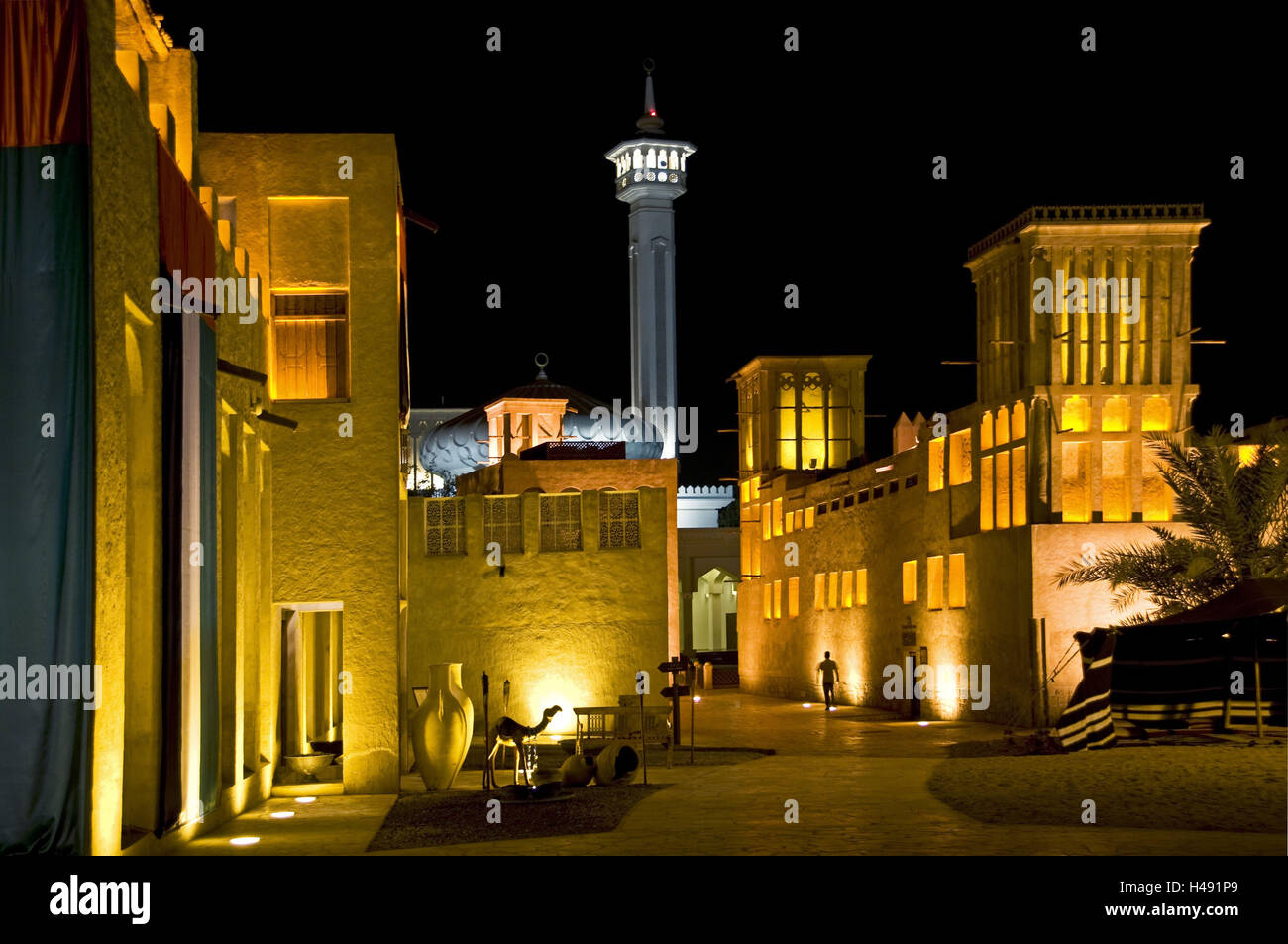 VAE, Dubaï, Bastakiya, Heritage Village, mosquée, tours à vent, Banque D'Images