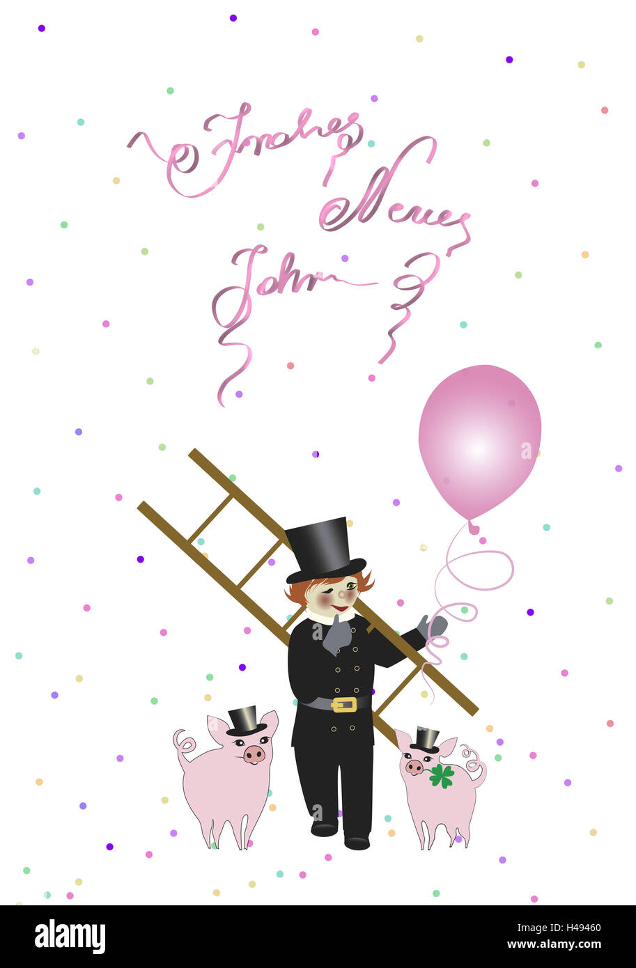 Ramoneur, ballon, peu de chance cochon, confetti, avc 'Bonne année', icône, nouvelle année, illustration, Banque D'Images