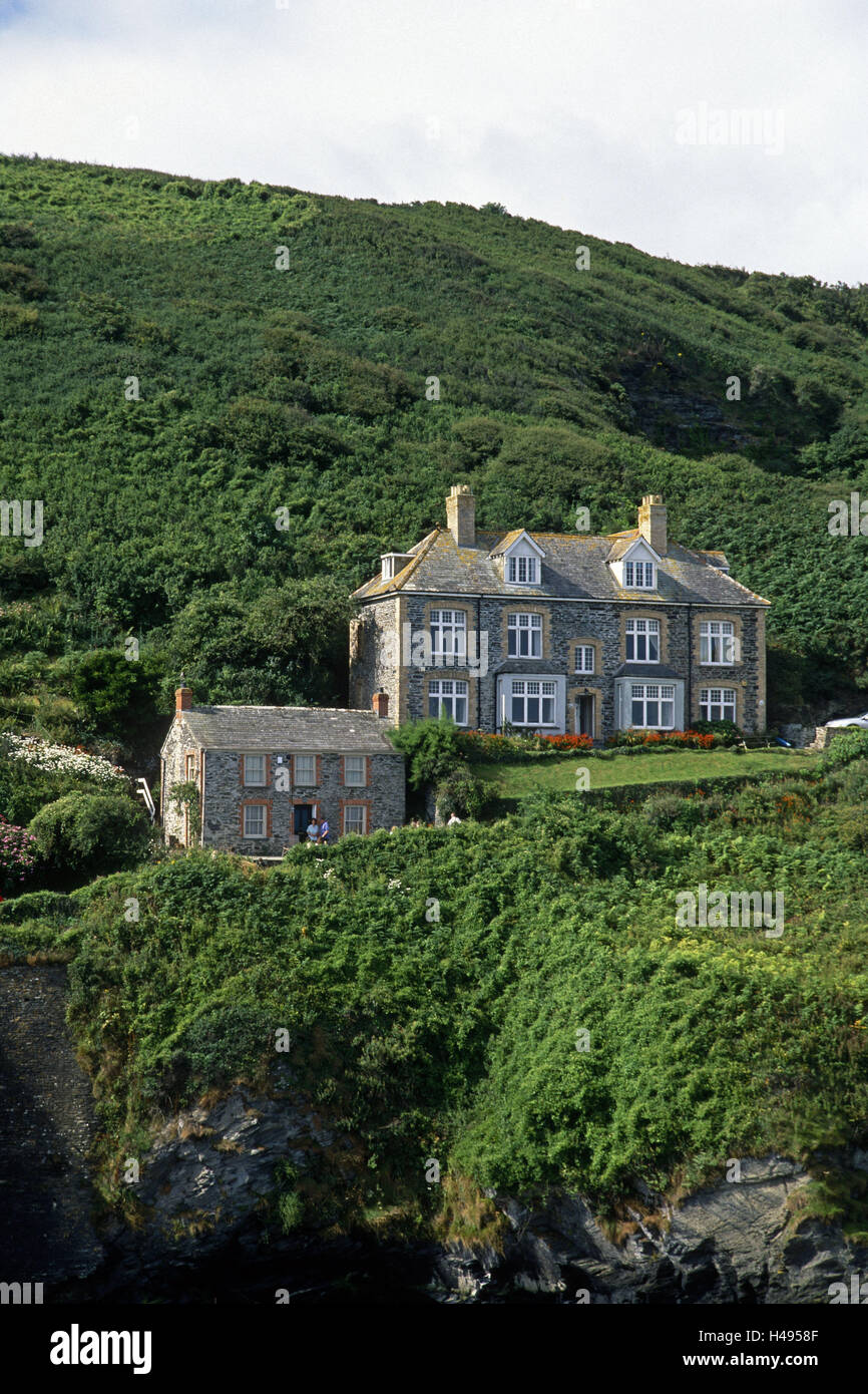 Grande-bretagne, Cornwall, port Isaac, maisons, bois, film House, bâtiment, maisons en pierre, maisons en pierre, les roches de granit, baie portuaire, nature, vert, Banque D'Images