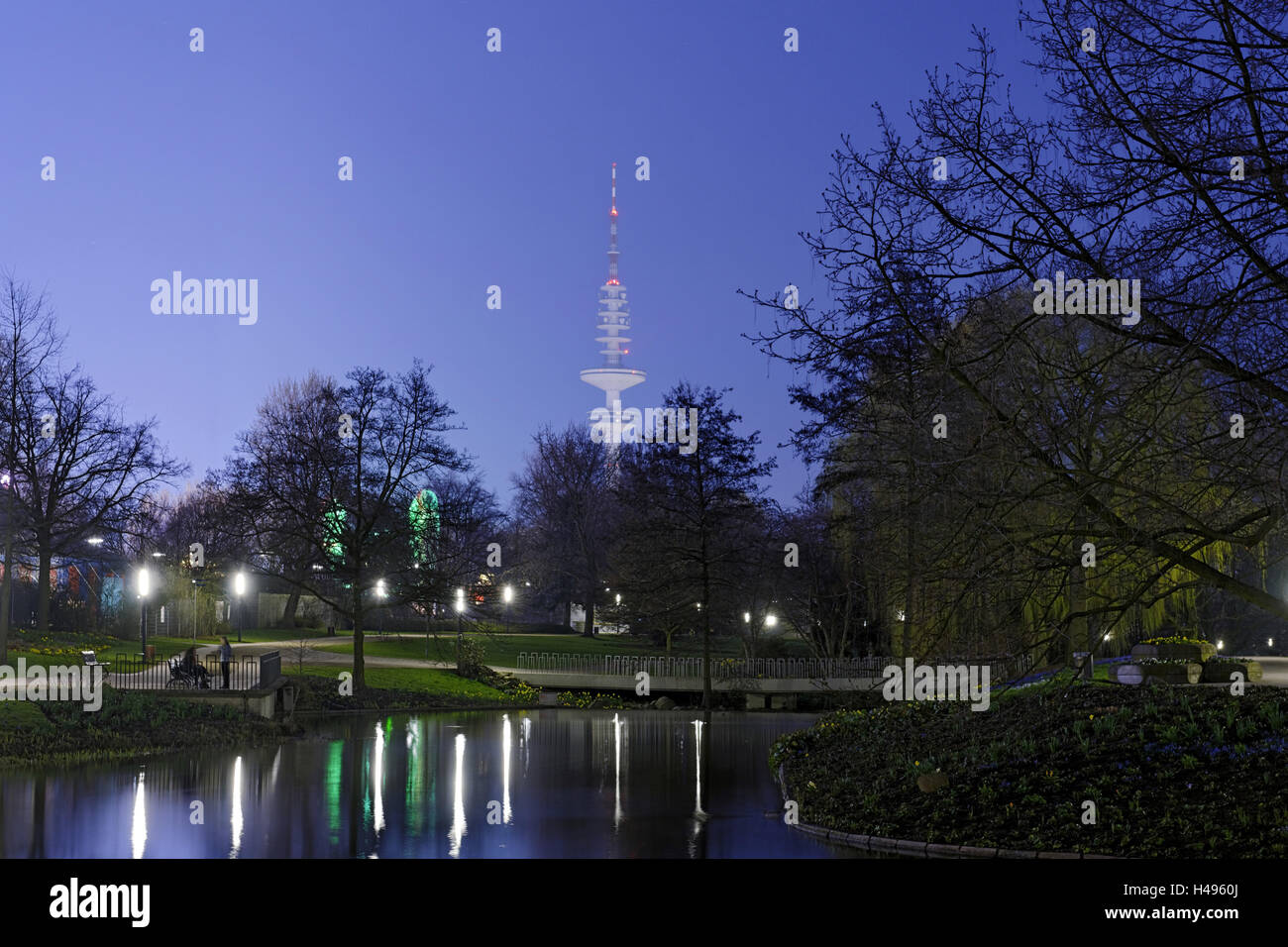 Tour de télévision, vu de de jardins Planten un Blomen, crépuscule, ville hanséatique de Hambourg, Allemagne, Banque D'Images