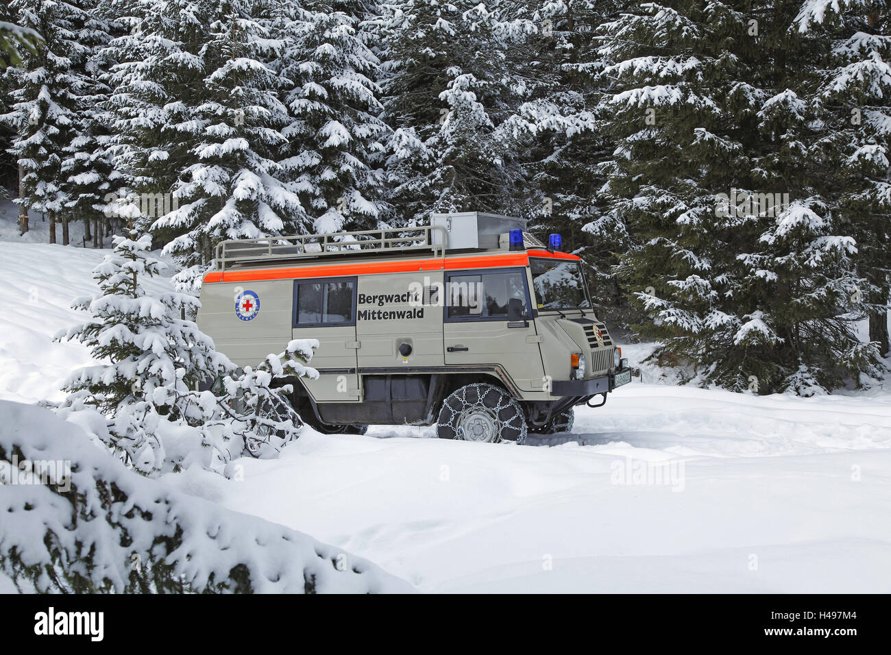 Bois, véhicule de secours, service de sauvetage en montagne, hiver, Origami, Kranzberg, véhicule, les chaînes antidérapantes, véhicule spécial, le sauvetage en montagne, le sauvetage en montagne, véhicule de service, la lumière bleue, arbres, bois, bois, repos, silence, Banque D'Images