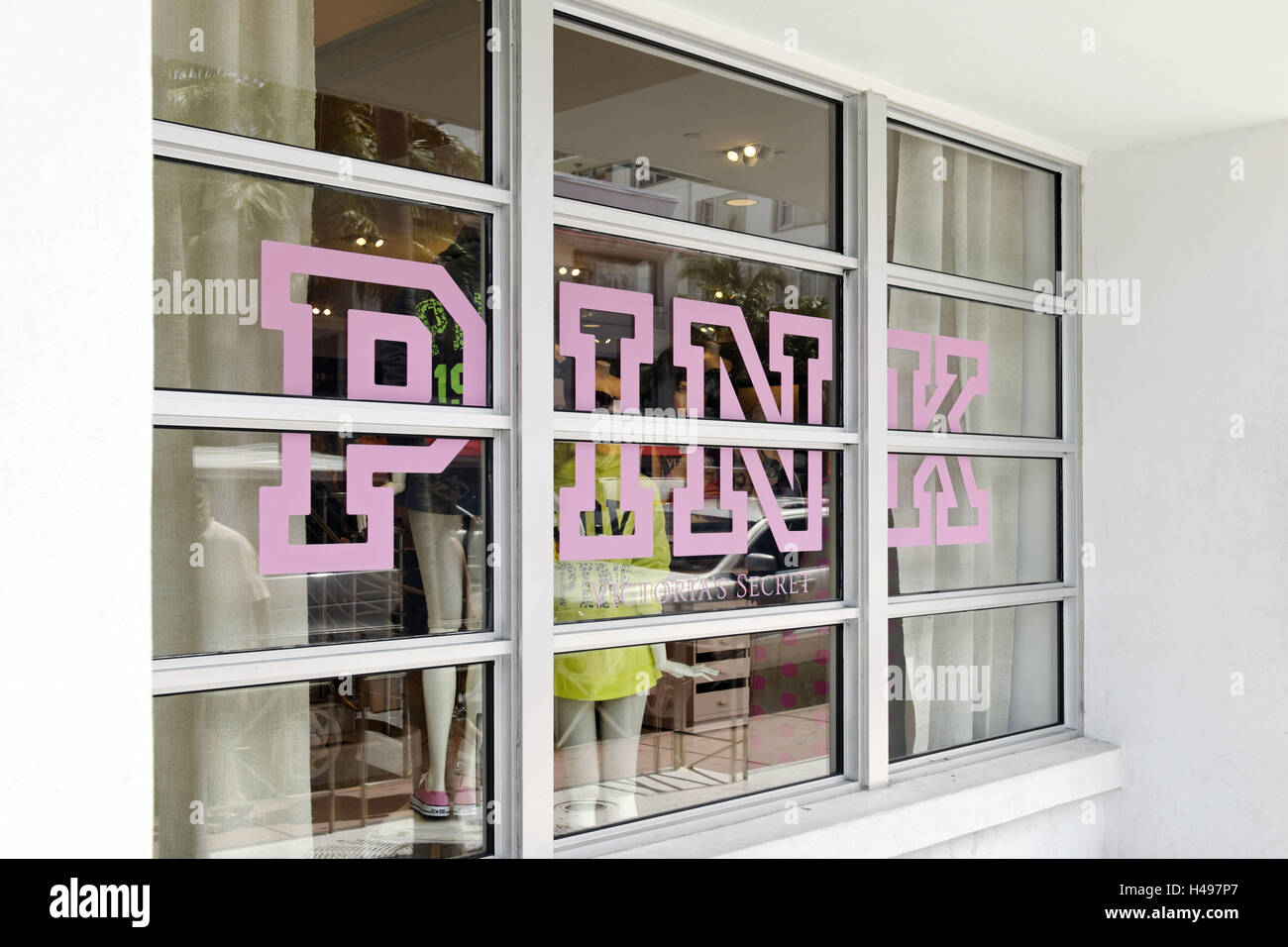 Fenêtre, écrit 'Pink', l'architecture Art Déco, Washington Avenue, Miami South Beach, quartier Art déco, Florida, USA, Banque D'Images