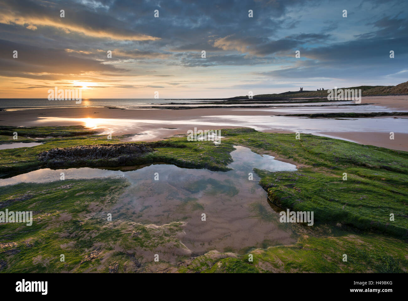 Superbe lever de soleil sur la plage, à l'égard Embleton Château de Dunstanburgh, Northumberland, Angleterre. Printemps (mai) 2013. Banque D'Images