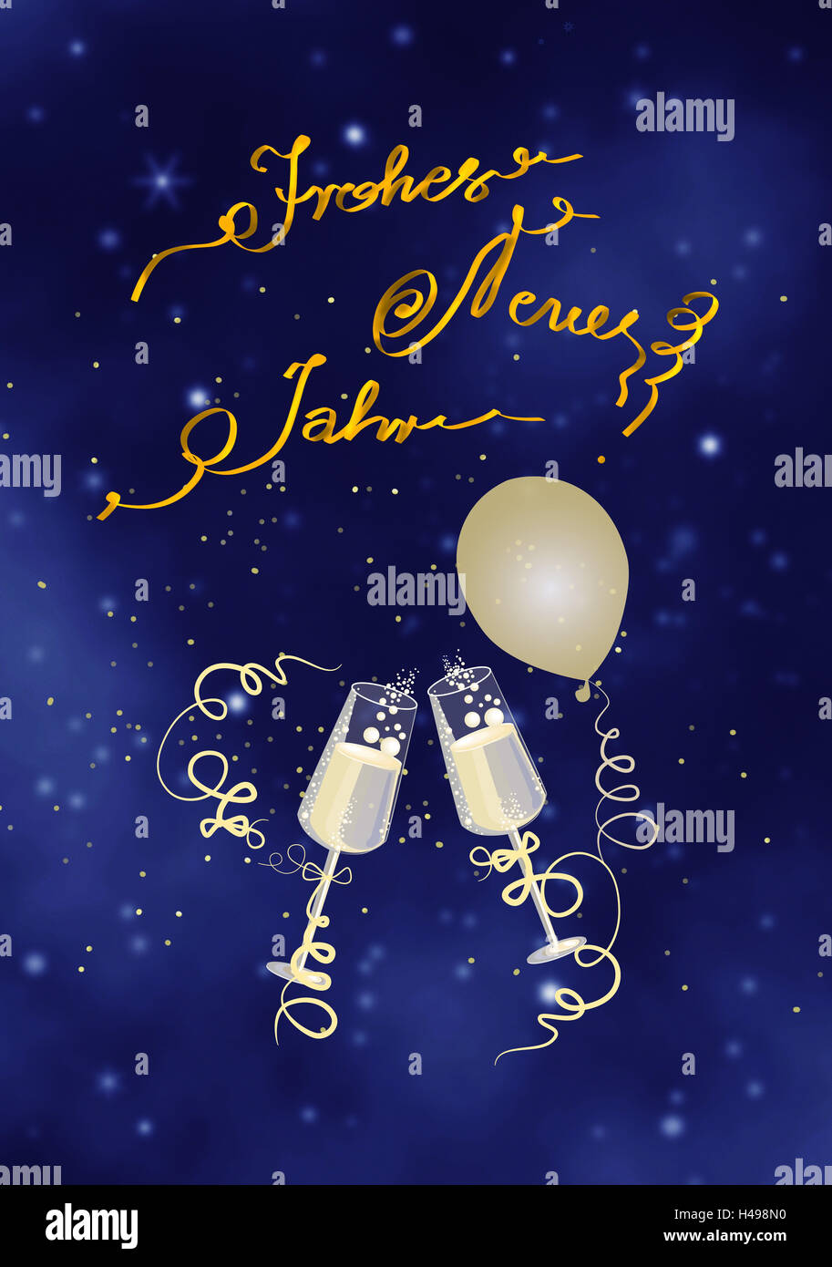 Deux verres de champagne, ballon, banderoles, avc 'Bonne année', icône, nouvelle année, illustration, Banque D'Images