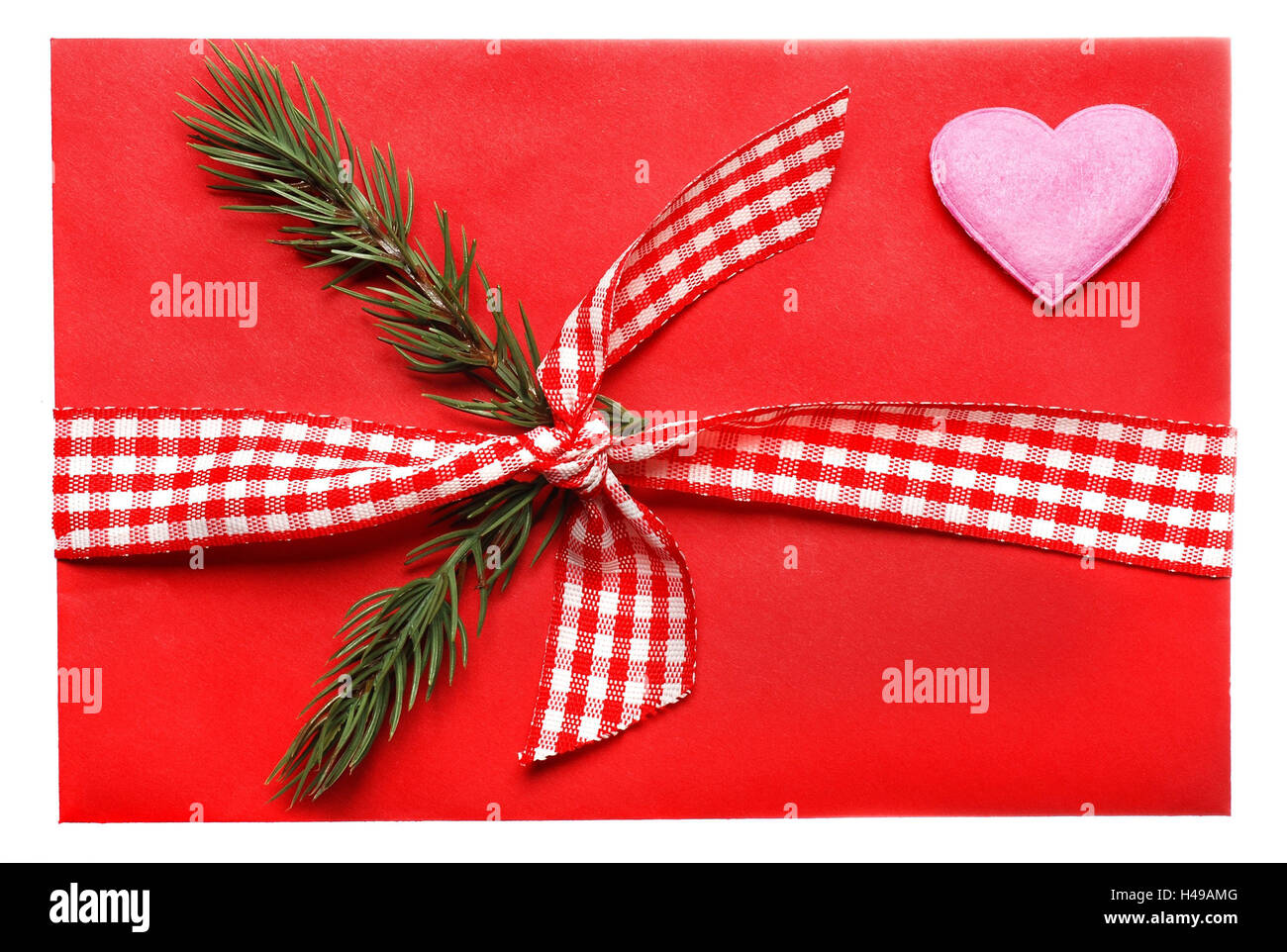 Cadeau de Noël, enveloppe, boucle, enveloppe, présent, donner, après Noël, la poste, lettre, rouge-vérifiés, contrôlés, rouge, direction générale de l'alimentation, cordon, carré, studio, cut out, conception, Noël, coeur, affectueusement, Banque D'Images