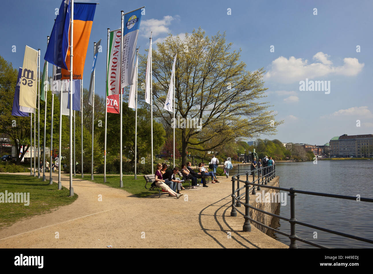 L'Allemagne, la ville hanséatique de Hambourg, parc, touristiques, l'Alster, ville hanséatique, Hambourg, l'Alster intérieur, ville, Parc, loisirs, rivière, lac, eaux, parc, drapeaux, publicité, est décédé, bancs de parc, s'asseoir, les gens, les visiteurs, l'ensoleillement, Banque D'Images