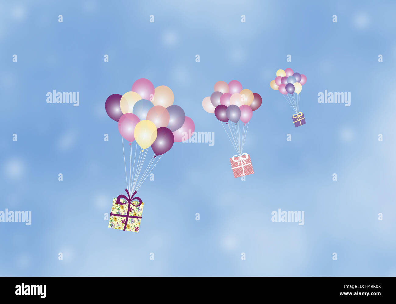Illustration, ciel, présente, trois, ballons, fly, graphiques, de ballons, de nombreux, très nombreux, de couleurs vives, paquets, colis, cadeaux d'anniversaire, paquets cadeaux, cadeaux, pack, surprise, icône, félicitations, félicitations, anniversaire, anniversaire, float, c Banque D'Images