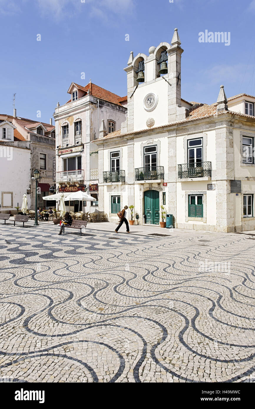 Modèle d'onde dans la mosaïque, plâtre, Rua 5 de Outubro, place en face de l'hôtel de ville, Cascais, Lisbonne, Portugal, Banque D'Images