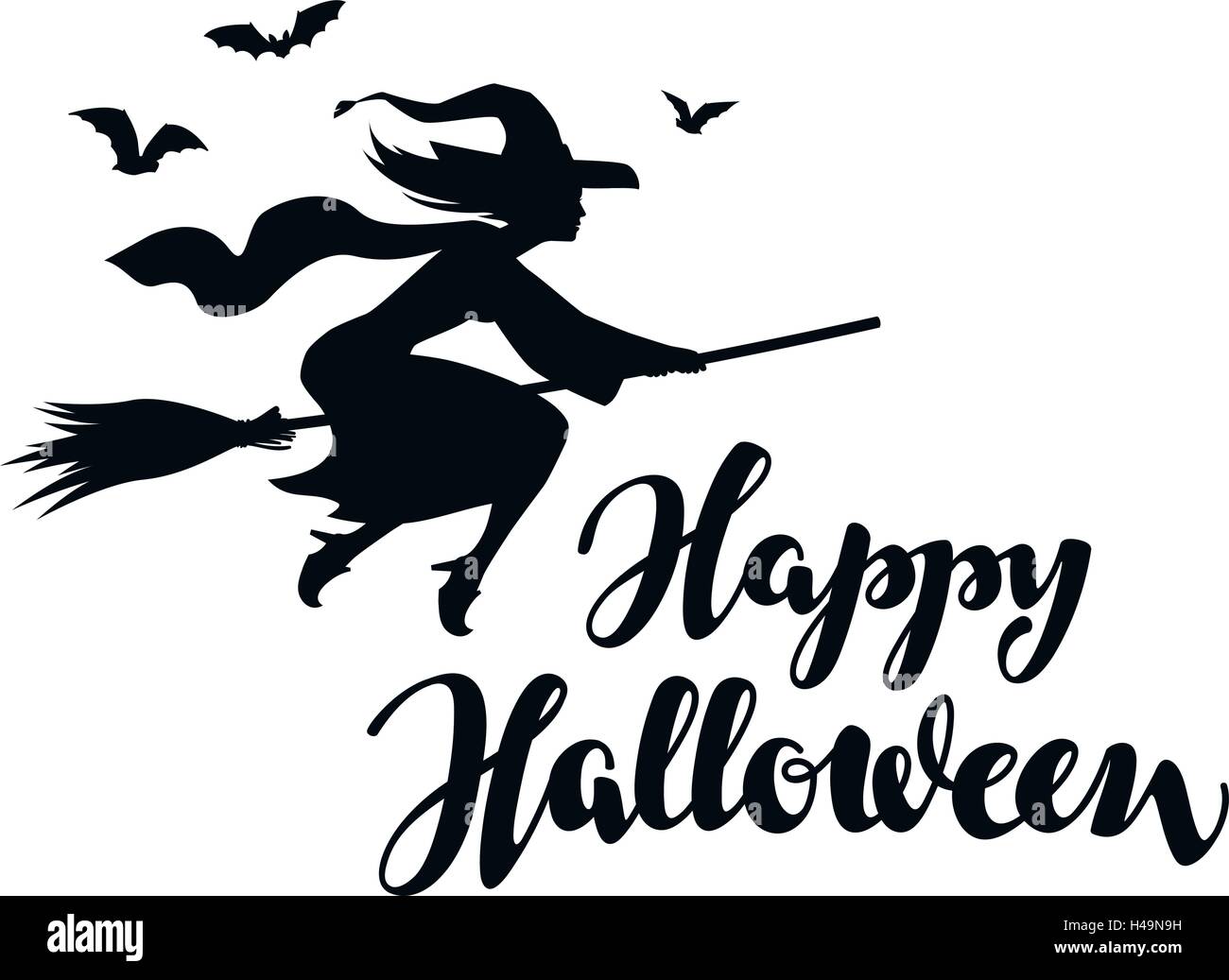Happy Halloween. Silhouette jeune sorcière volant sur un balai Illustration de Vecteur