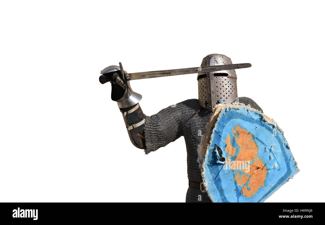 Armures de métal médiévale et le casque warrior isolated over white Banque D'Images