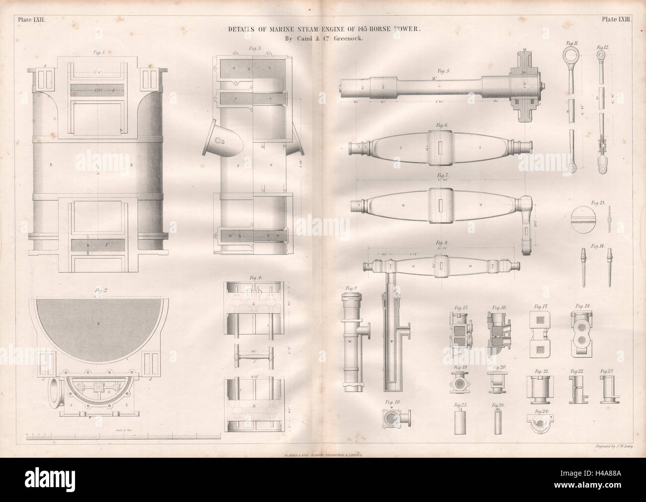 19C DESSIN TECHNIQUE. Moteur à vapeur pour bateaux 145 ch plus de détails. Caird & Co., 1847 Banque D'Images