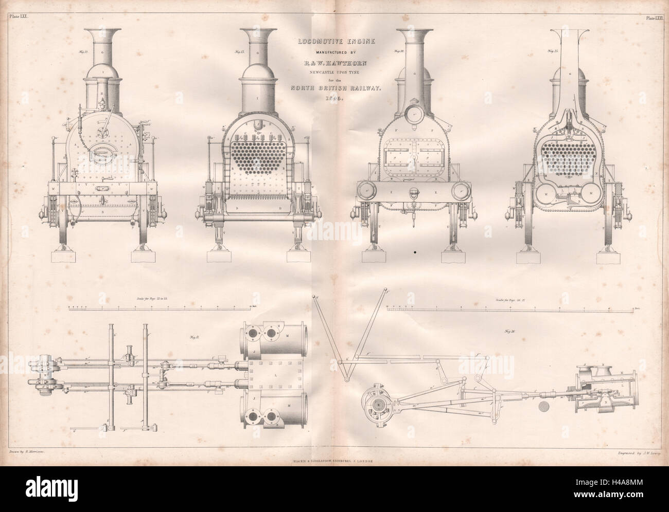 19C DESSIN TECHNIQUE. Moteur de locomotive. North British Railway 1847 imprimer Banque D'Images